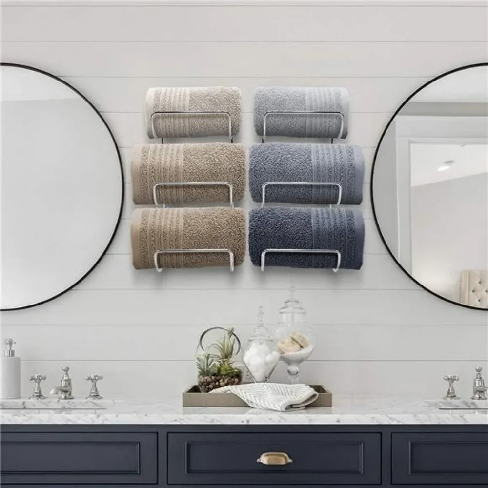 Towel-Rack Holder - Wall Mounted Storage Organizer for Linens Set of 2 (Silver)